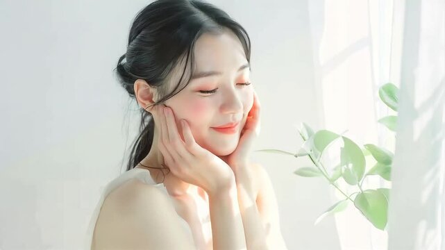 美容イメージの若い女性。頬に手をあてて満足げな笑顔。夏のスキンケア。