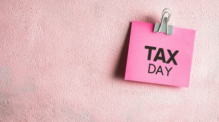 A bright pink sticky note reads "TAX DAY," emphasizing the important deadline for tax submissions against a soft background.