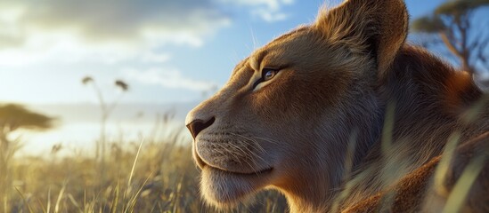 Portrait of a lioness in side profile amid golden grasses under a blue sky emphasizing her powerful features and serene grace.