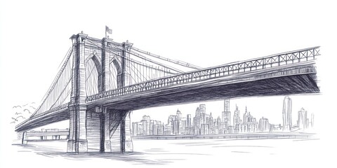 Naklejka premium Brooklyn Bridge Sketch With City Skyline View