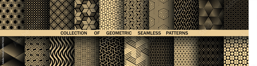 Leinwandbilder Geometric set of seamless black and golden patterns. Simple vector graphics