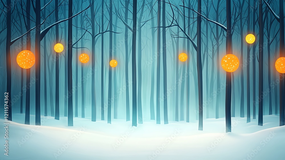 Poster A beautiful winter forest scene featuring glowing orbs amidst snow-covered trees. This enchanting atmosphere captures the magic of nature in a serene and tranquil setting.