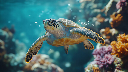 Fototapeta premium Close-up of a vibrant green sea turtle gracefully swimming among a colorful coral reef, surrounded by stunning crystal-clear blue water. Suitable for marketing or business purposes