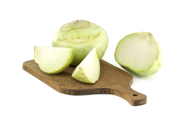 Fresh Kohlrabi Cut and Whole on Wooden Chopping Board Isolated on White