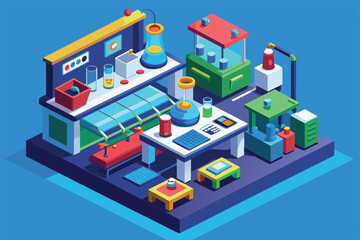 A vibrant isometric illustration showcases a customizable laboratory with various equipment and work areas, Laboratory Customizable Isometric Illustration