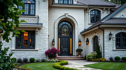 Fototapeta premium Luxury Home Exterior: Elegant Stone Facade and Landscaping at Night