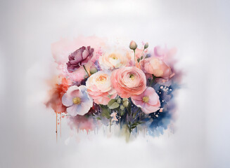 A watercolor painting of a delicate floral bouquet, featuring ranunculus and poppies in soft pink, peach, and purple hues against a light, subtly textured background.  