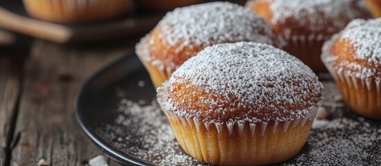 Freshly baked prosciutto muffins dusted with powdered sugar on a rustic wooden table, featuring warm golden-brown hues and a soft, inviting texture.