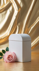 White stand with pink rose and shimmering golden backdrop perfect for product advertisement photography Realistic 3D Podium for Mockup