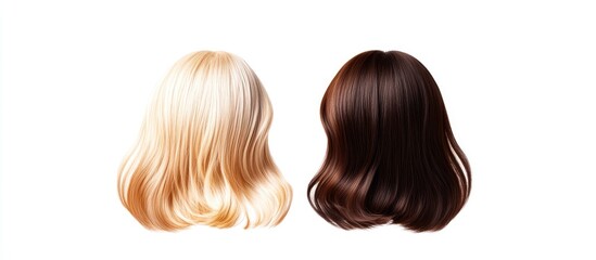Naklejka premium Brunette hair with bangs next to long blonde hair on a clean white background, showcasing contrasting styles for a beauty banner presentation.