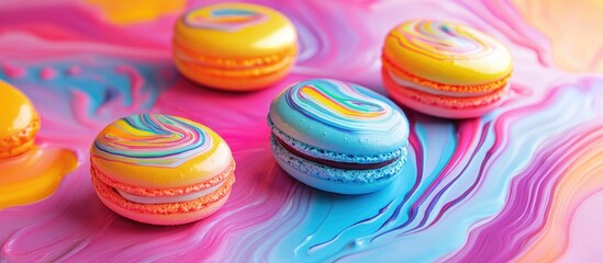 Obraz premium Vibrant glossy macarons in yellow orange and blue arranged on a swirling pink and purple abstract background capturing their delightful appeal