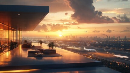 A rooftop observation deck with panoramic views of the runway and city skyline 