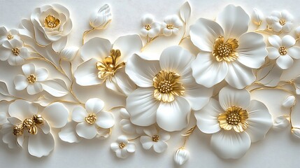 3D wallpaper with white and gold flowers white background