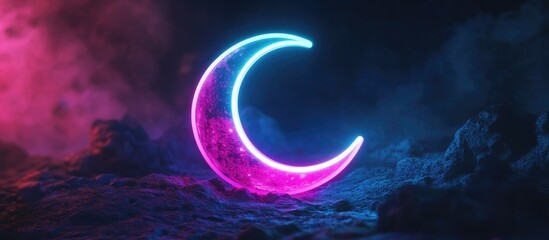 Captivating neon crescent moon in vibrant pink and blue hues glowing against a dark textured background, creating an enchanting visual impact.