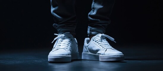 Stylish white sneakers worn by male legs on a dark background emphasizing footwear with dramatic lighting and sleek design for fashion appeal