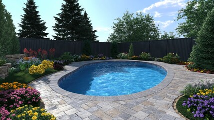 Stunning Backyard Oasis: Oval Pool Design with Lush Landscaping