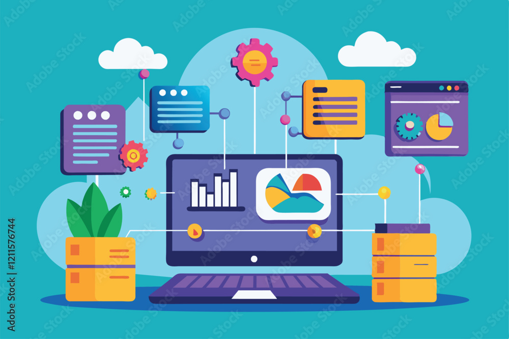 Poster a laptop synchronizes data with cloud storage, optimizing file management and enhancing productivity