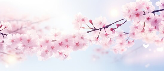 Obraz premium Soft pink cherry blossom branches against a light blue gradient background creating a serene spring atmosphere with delicate blooms.