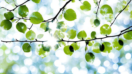 Obraz premium Green leaves on branches with sunlight filtering through