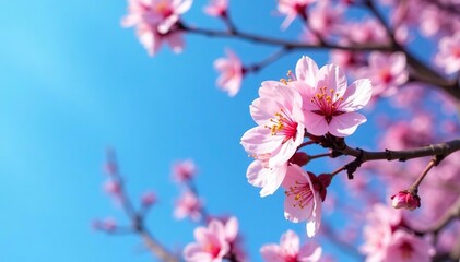 Naklejka premium Blooming cherry blossoms against a bright blue sky, blossom, flowers, branches