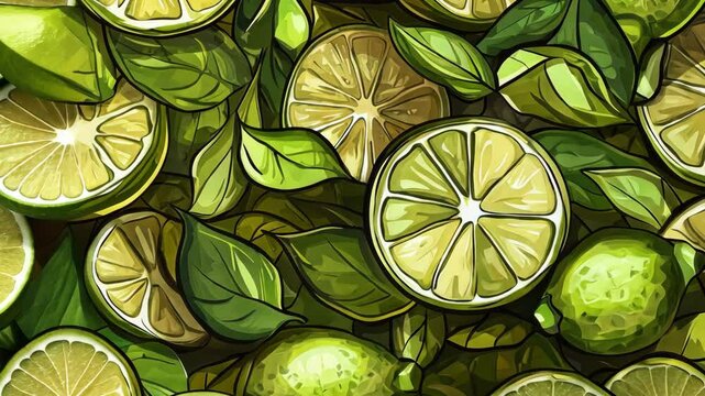 Fresh green limes and vibrant leaves create a lively pattern on a sunny day in a tropical garden