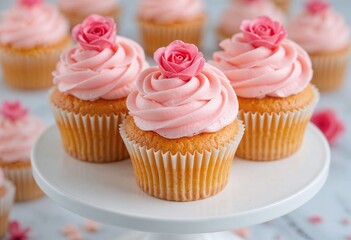 Delightful pink rose-topped cupcakes elegantly displayed on a white stand, exuding a charming and sweet atmosphere.