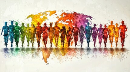 Colorful Runners Across a World Map Background