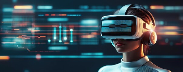 Ai-powered tutoring idea. A person experiencing virtual reality with advanced VR headset and digital interface.