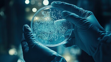 Close-up of a researcher hand holding a Petri dish with bacterial culture, scientific investigation 