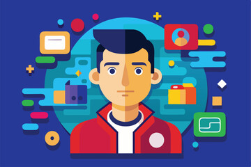 A young man stands amid colorful digital elements, highlighting the concept of customization and creativity in design, Launching Customizable Flat Illustration
