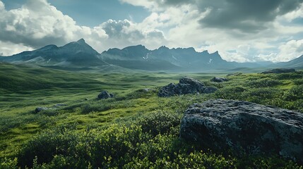 Fototapeta premium Majestic Mountain Range and Serene Valley Landscape