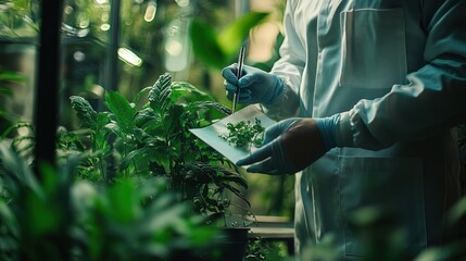 Close-up of a botanist examining plant samples in a greenhouse, lush greenery and scientific tools 