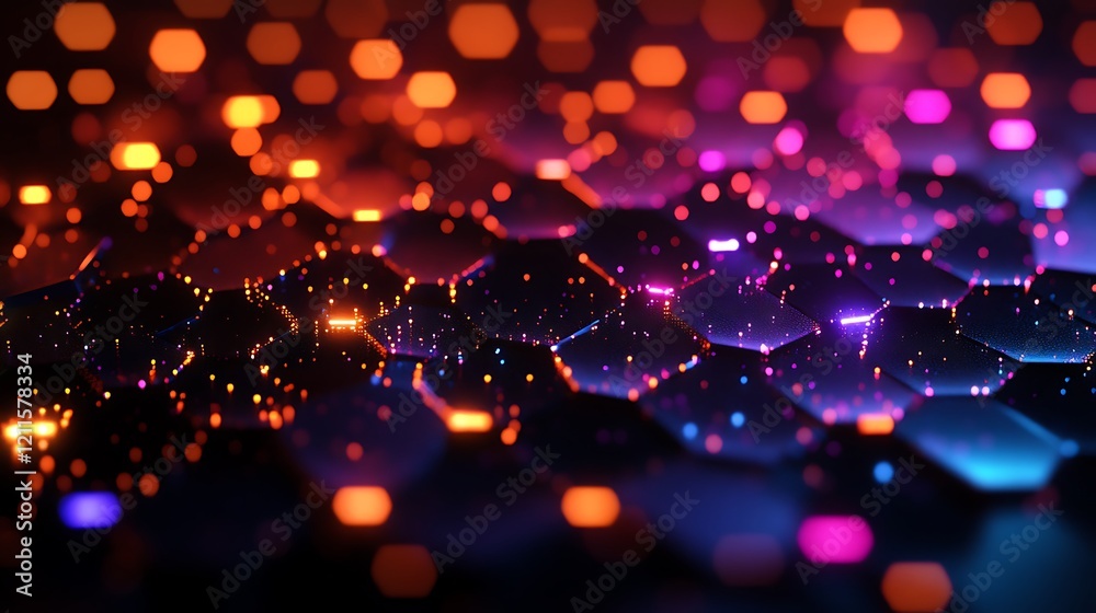 Wall mural a dark background with an abstract grid of glowing hexagon