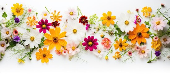Vibrant summer flowers in a colorful array featuring daisies, cosmos, and zinnias arranged in a horizontal layout on a white background.