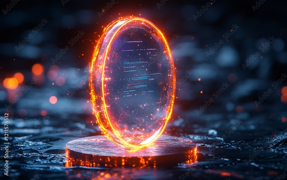 Poster glowing ring portal with digital code on dark background.