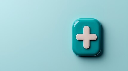 Obraz premium A teal button with a white plus symbol, set against a light blue background, suggesting a focus on addition or enhancement.