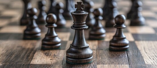 Strategic business metaphor with black chess pieces on a wooden board emphasizing innovation and leadership focused on careful decision making