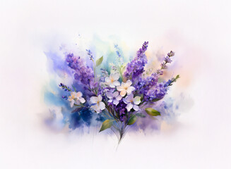 Fototapeta premium A vibrant watercolor painting of lavender and white flowers, set against a soft, colorful background. The artwork evokes a sense of serenity and natural beauty.