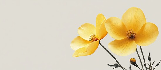 Delicate yellow flowers positioned on the left against a soft gray background creating a vibrant and elegant aesthetic suitable for banner designs