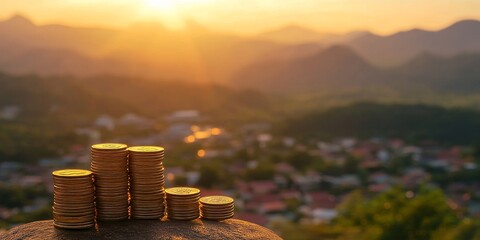 International day of charity concept: Human hands holding stacks of golden coins and growth tree on blurred nature sunset background, Generative AI