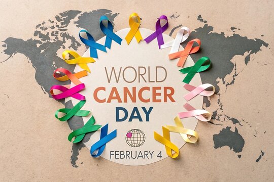Colorful circular arrangement of awareness ribbons symbolizing global unity and support for World Cancer Day on February 4