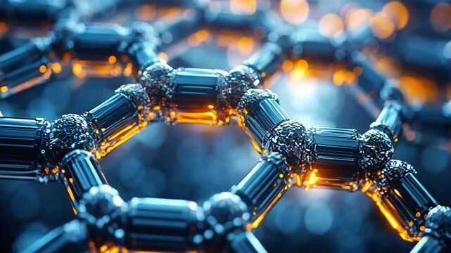 Microscopic Nanostructure: Intricate details of a nanostructure, glowing with warm light against a cool blue backdrop, reveal a complex hexagonal pattern.