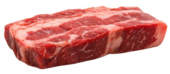 Obraz premium Prime beef steak cut on a white background showcasing marbling and freshness ideal for grilling or BBQ preparation in outdoor cooking