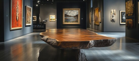 Wooden table in an art gallery with a polished surface in foreground, vibrant art pieces displayed on the walls, warm lighting creating ambiance.