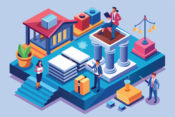 The illustration shows legal professionals discussing and managing case materials, Law firm Customizable Isometric Illustration