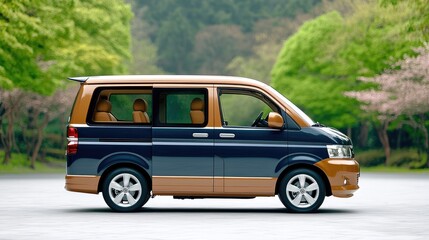 Fototapeta premium Luxury minivan parked in a serene park. Ideal for travel brochures