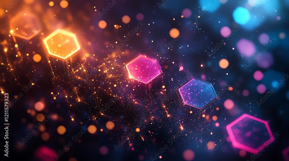 Wall mural a dark background with an abstract grid of glowing hexagon