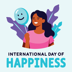 A cheerful illustration of a dark-skinned woman holding a light blue balloon with a happy face