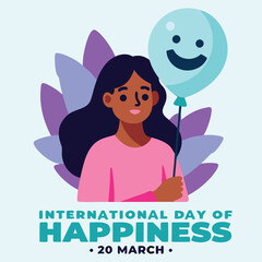 A cheerful illustration of a young African American woman holding a light teal balloon with a smiling face