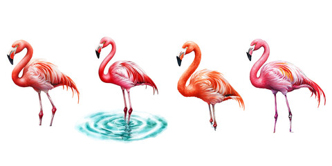 Obraz premium Flamingos in various poses, showcasing their vibrant colors and elegance